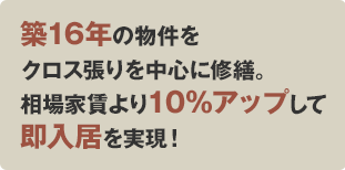 築16年の物件をクロス張りを中心に修繕。相場家賃より10％アップして即入居を実現！